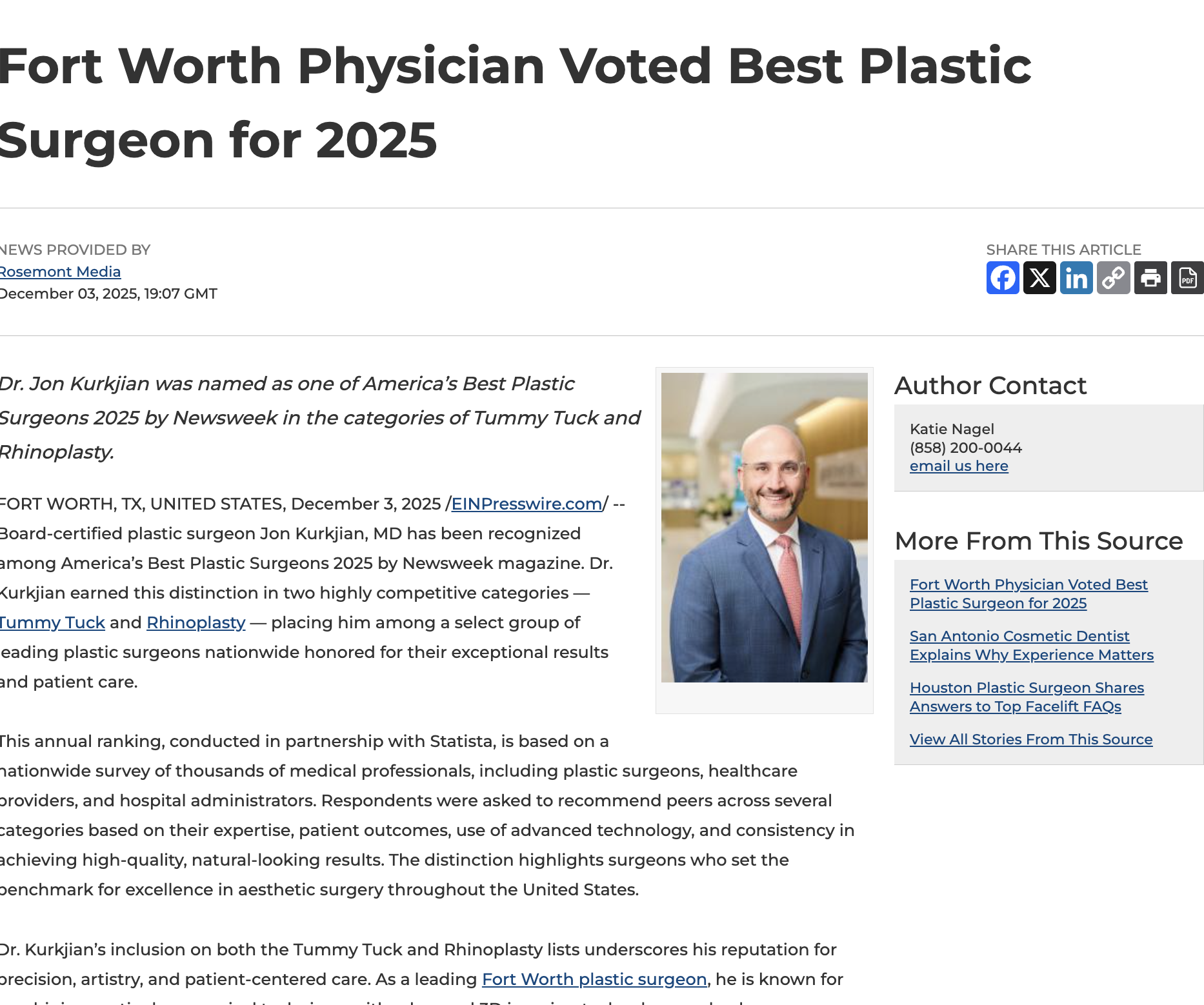 Newsweek names Dr. Jon Kurkjian one of America’s Best Plastic Surgeons 2025 for tummy tuck and rhinoplasty surgery.